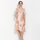 Women Silk Nightgown With Lace V-Neck Long Silk Nightdress